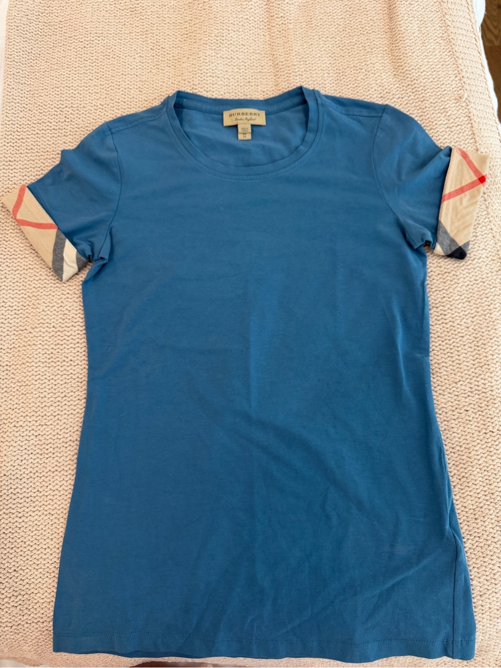 Burberry Blue Short Sleeve Crew Tee with Iconic Check Cuffs